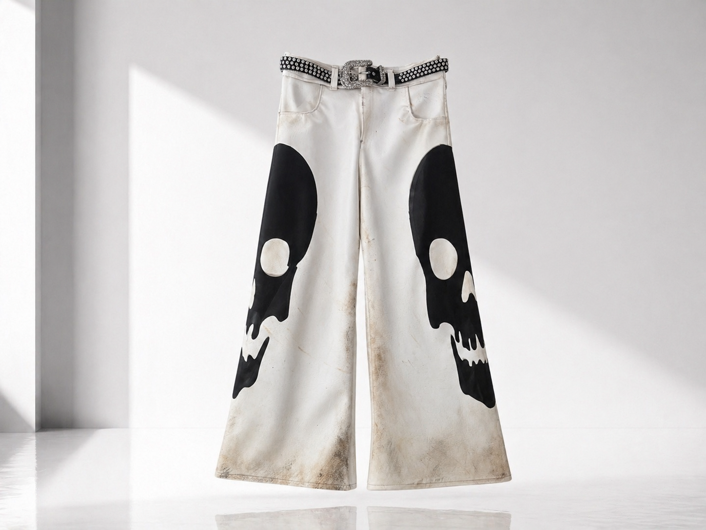 WHITE SKULL LEATHER TRHIM PANTS