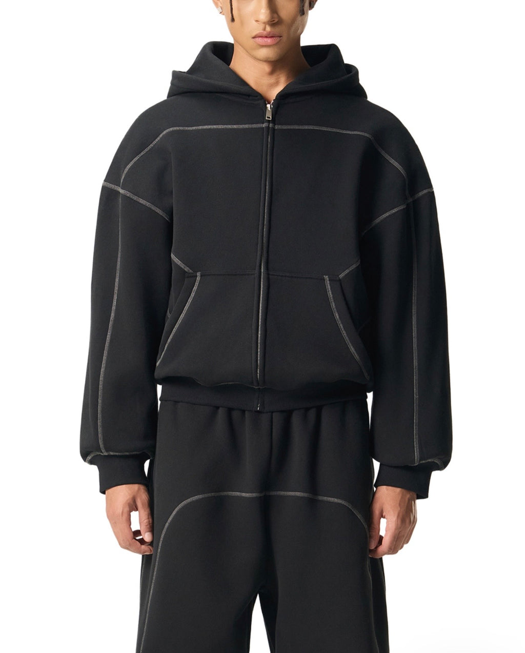 Contrast-Stitched Boxy Fleece Zip Hoodie