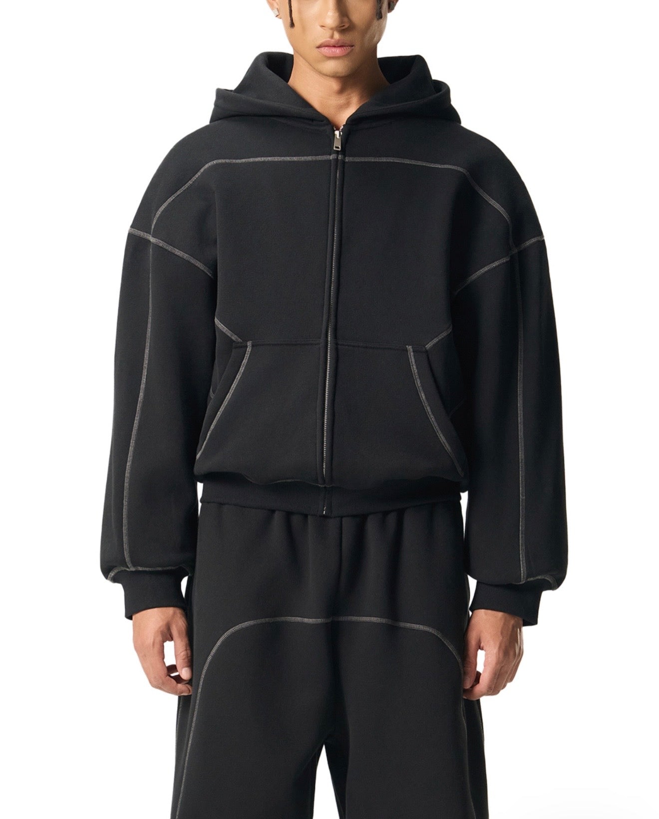 Contrast-Stitched Boxy Fleece Zip Hoodie
