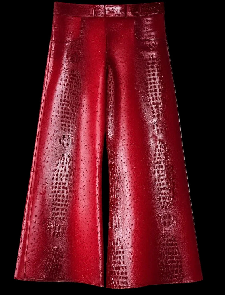 RED EXOTIC LEATHER TRHIM PANTS