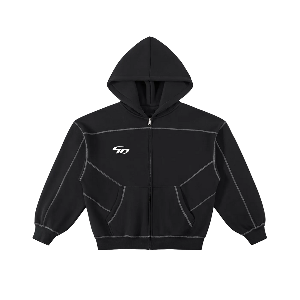 Contrast-Stitched Boxy Fleece Zip Hoodie