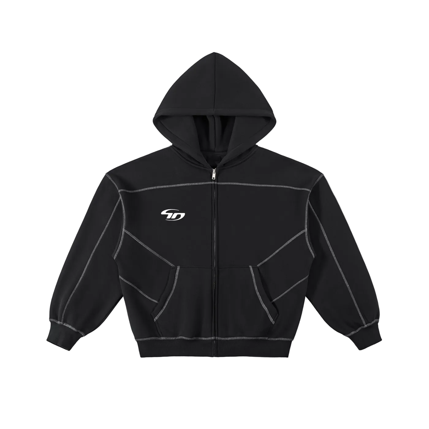 Contrast-Stitched Boxy Fleece Zip Hoodie